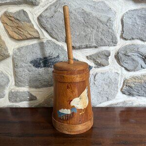 small vintage butter churn decor w/ chicken and egg painting